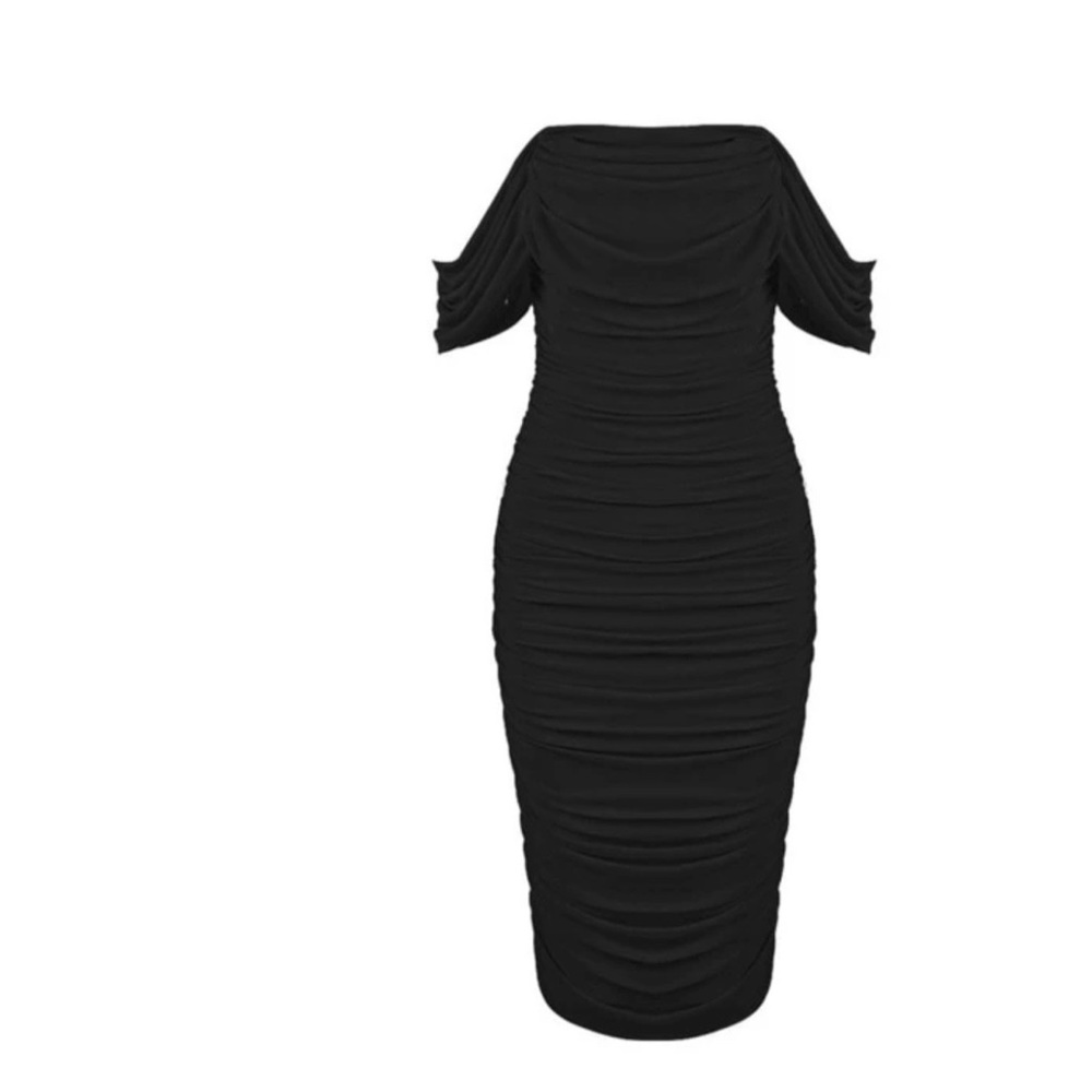 Black off the shoulder ruched midi dress